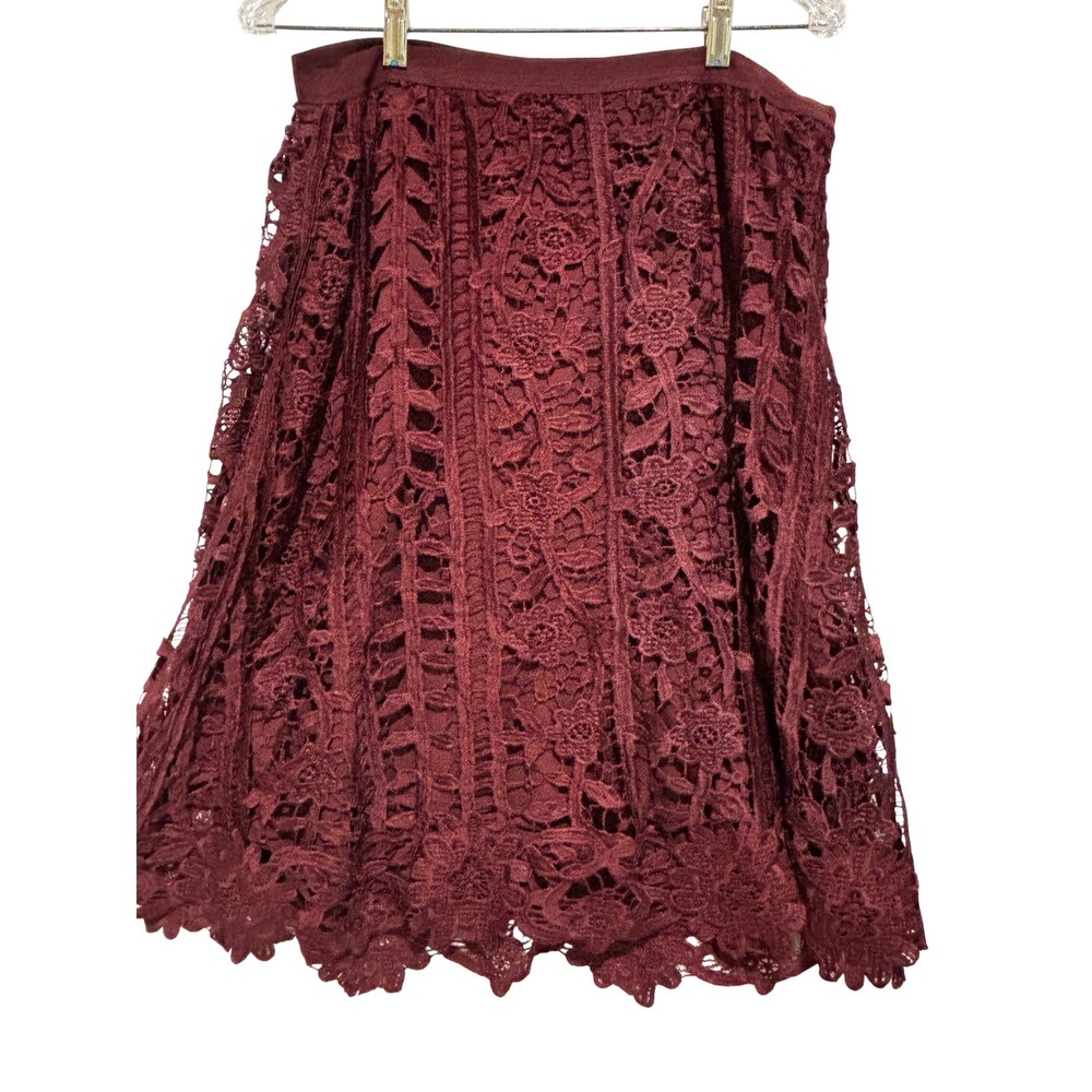 John Paul‎ Richard Burgundy Lace crochet Scalloped Hem Midi Skirt sz L Boho chic